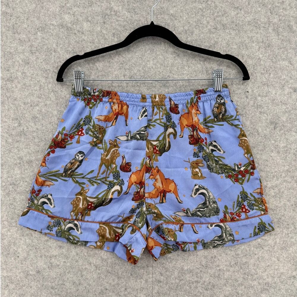 Their Nibs Woodland Whimsical Shabby Chic Blue Animal Satin Pajama Shorts SMALL